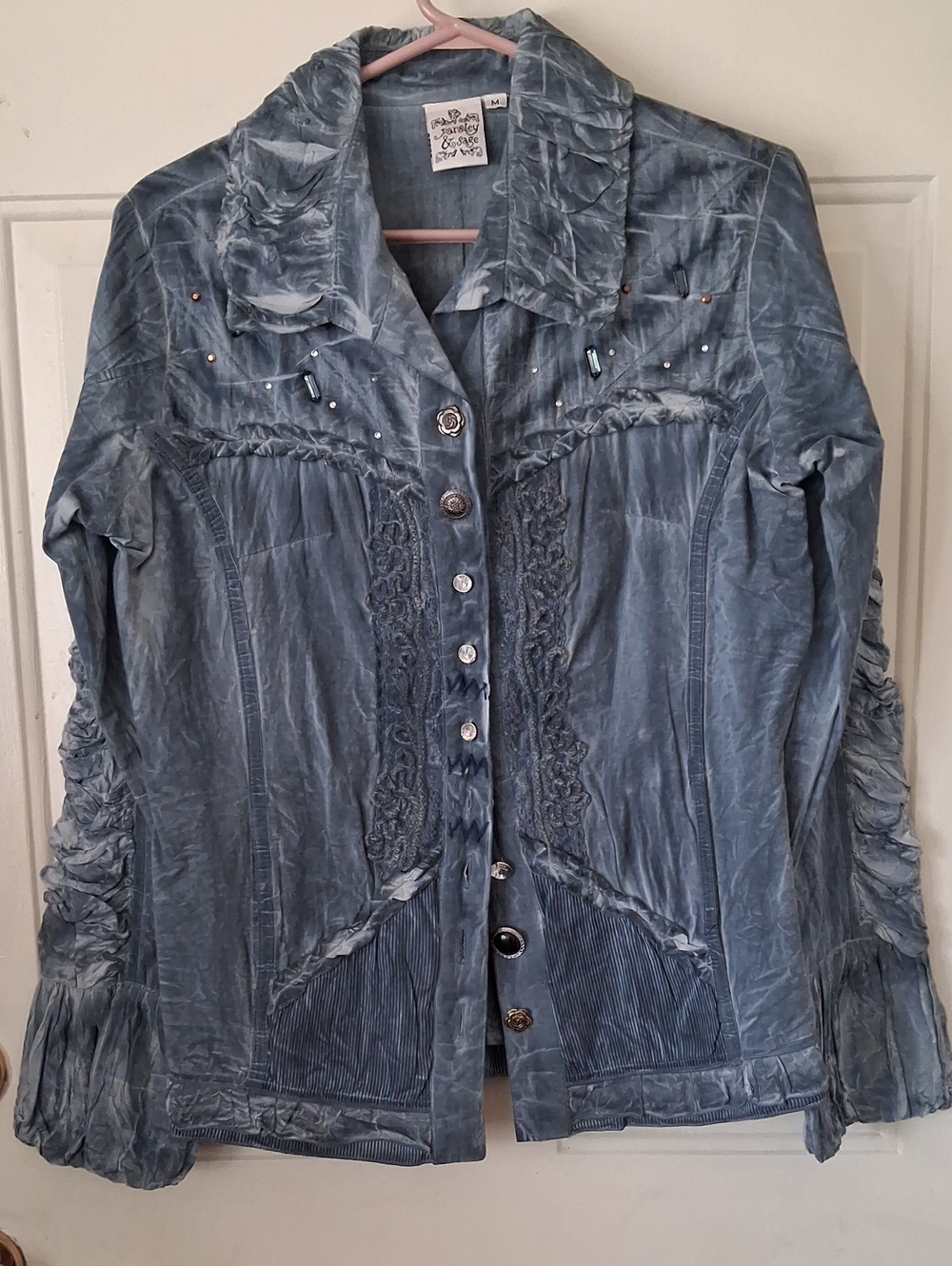 Parsley & Sage Dusty Blue Velvet Button-Front Women's Jacket
